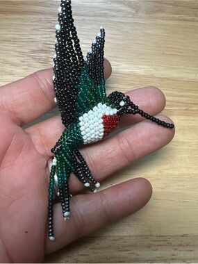 Hand Crafted Beaded red throated Hummingbird - Black, Green, White, Red ornament